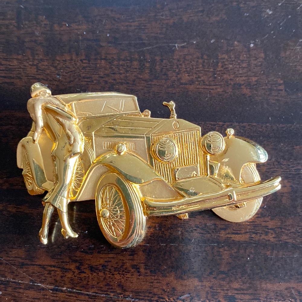 Vintage Parklane JJ Gold-Toned Rolls Royce with Flapper Lady Brooch